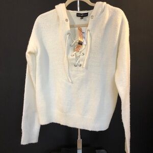 SANDY Lace-up long Sleeve Sweater w/hood in ivory